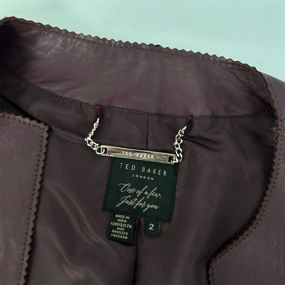 Ted Baker Morisr Zig Zag Edge Cropped Leather Jacket Burgundy, 2 / Small - Picture 11 of 13